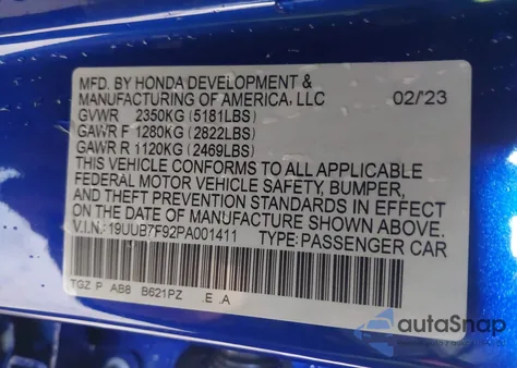 2023 Acura Tlx Type S - Hp Wheel And Tire from USA, damaged, VIN 19UUB7F92PA001411